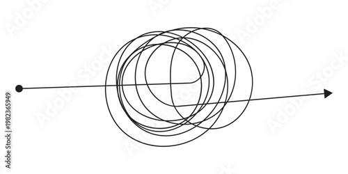 Tangled scribble lines transitioning from chaos to straight arrow. Concept of problem solving, simple solution, untangling process, and efficient business strategy development in eps 10.