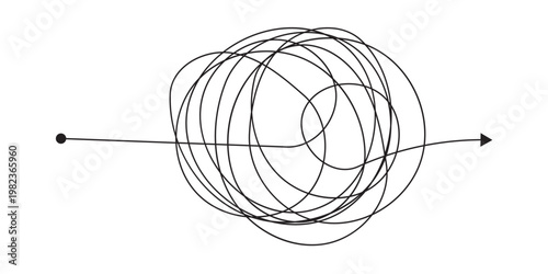 Tangled scribble lines transitioning from chaos to straight arrow. Concept of problem solving, simple solution, untangling process, and efficient business strategy development in eps 10.