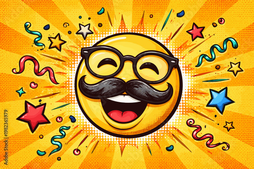 Retro Comic Book Style Illustration of a Laughing Yellow Emoji Face with a Black Mustache and Glasses, Surrounded by Colorful Stars and Streamers on a Vibrant Sunburst Halftone Background