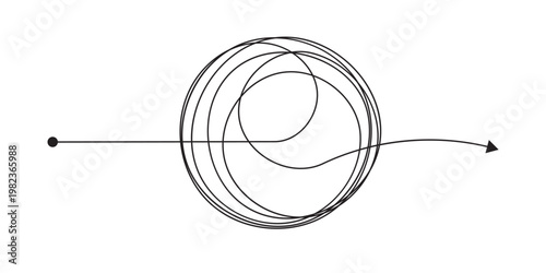 Tangled scribble lines transitioning from chaos to straight arrow. Concept of problem solving, simple solution, untangling process, and efficient business strategy development in eps 10.