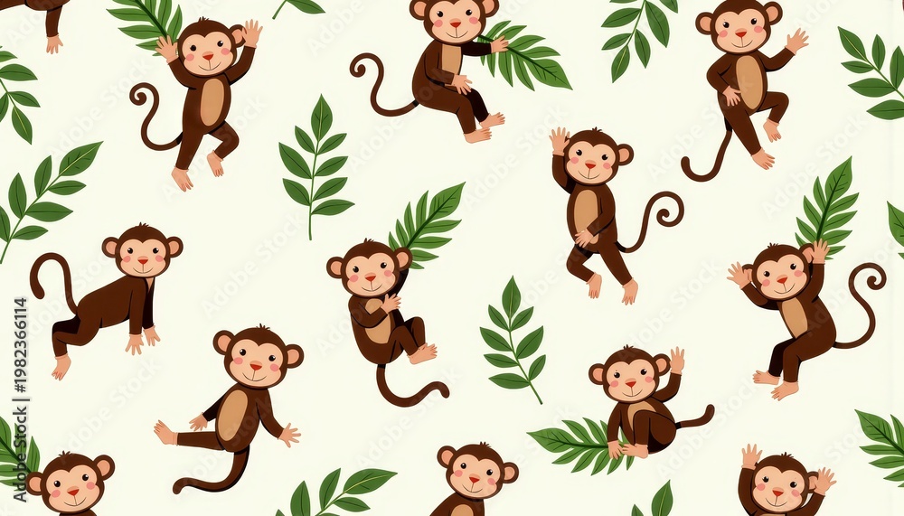 Naklejka premium Playful Cartoon Monkeys Dancing Amidst Green Leaves on a Light Background Creating a Joyful Jungle Theme