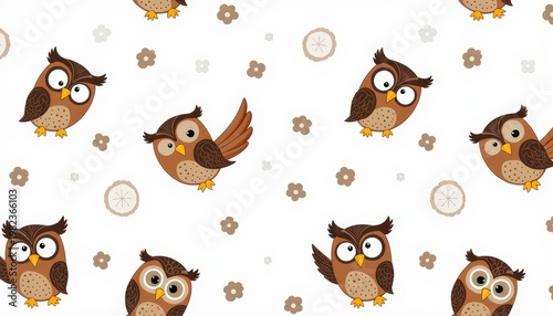 Seamless vector pattern featuring cartoon owls and whimsical floral motifs on a white background, creating a playful and cheerful design perfect for various creative projects.