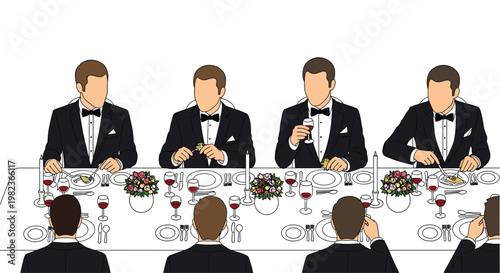 Several formally dressed men in black tuxedos are seated at a long white dinner table, eating and drinking during a formal event.
