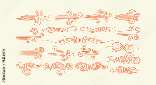 Hand Drawn Orange Swirl and Wind Gust Vector Elements for Decorative Ornaments and Calligraphy Art