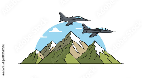 Two identical grey fighter jets are flying above a range of stylized mountains with green slopes and snow-capped peaks under a light blue sky.