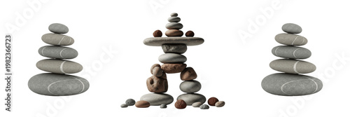 Canvas Print Set of zen stones balance and pebble stacks isolated on transparent background p