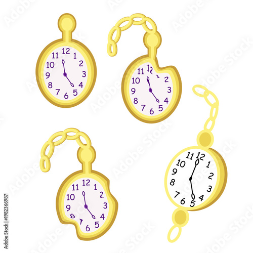 Individual elements and characters of the fairy tale Wonderland. Alice, the Jack of Hearts, the Hatter, the Cheshire Cat, mushrooms, cakes