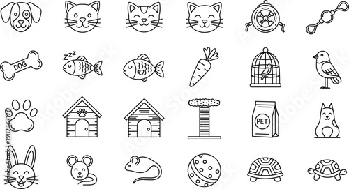 Comprehensive Pet Care and Domestic Animal Outline Icon Set for Veterinary Clinics, Pet Shops, and Animal Shelter Graphic Design