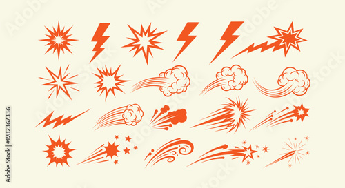 Retro Comic Book Action Effects Set With Explosions Lightning Bolts Speed Lines and Smoke Trails