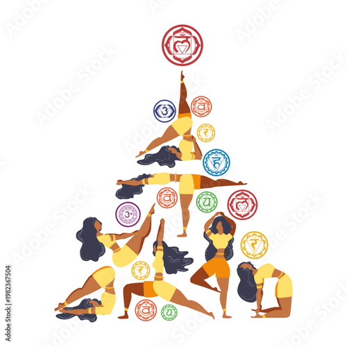 Christmas tree, triangle made of Chakra symbols and yoga