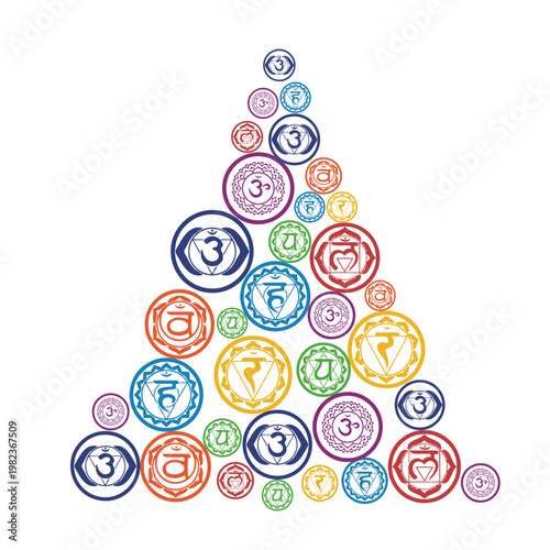 Christmas tree, triangle made of Chakra symbols and yoga