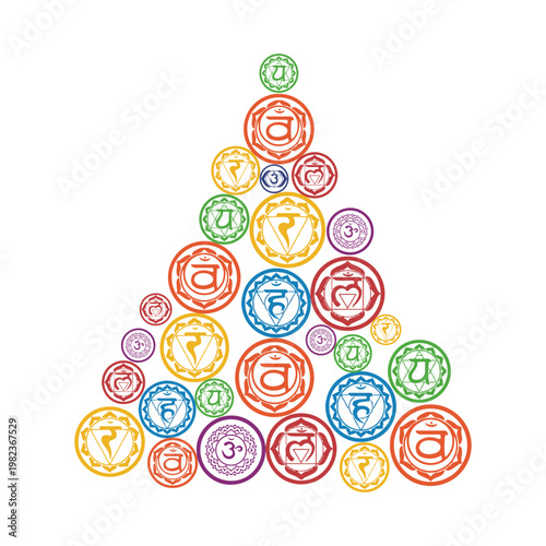 Christmas tree, triangle made of Chakra symbols and yoga