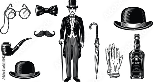 Vintage Victorian Gentleman Accessories Engraving Vector Set with Suit Top Hat Mustache Pipe Umbrella and Whiskey for Retro Fashion Graphic Design