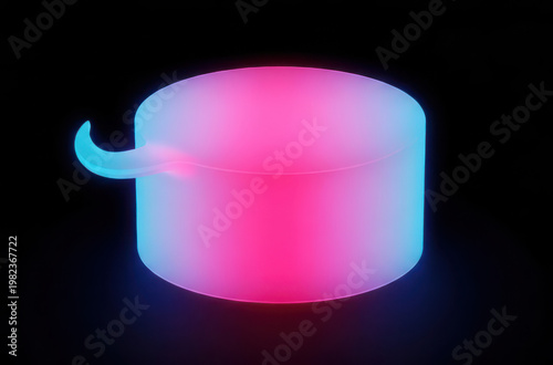 Glowing cylinder with pink and blue light on black.
