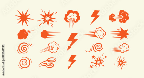 Orange Comic Book Action Elements Explosion Spark Speed Line Smoke and Thunder Bolt Vector Icon Set