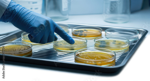 Scientist hand pointing at petri dishes with bacterial culture.