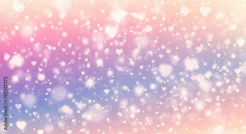 Soft pink and blue background with floating hearts and stars.