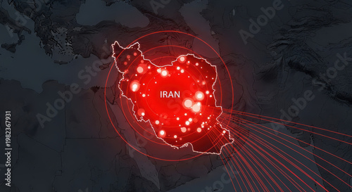 Map of Iran with red circles showing spread of infection or danger.