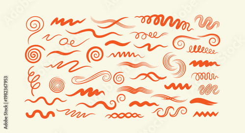 Set of orange hand drawn wavy lines spirals and curls vector design elements for creative artwork.