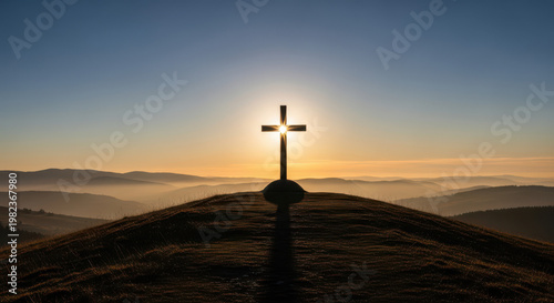 Silhouette cross on hilltop against sunrise, symbolizing hope and faith.