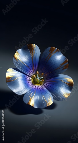 A mesmerizing depiction of a single, vibrant, four-petaled flower, with an iridescent blue hue and intricate golden patterns, set against a dark. wall Art, poster, flower Print, floral Printable