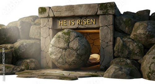 Stone tomb entrance with boulder rolled aside and 'He is Risen' text.