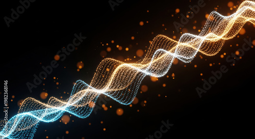 Abstract wavy light particle waves on black.