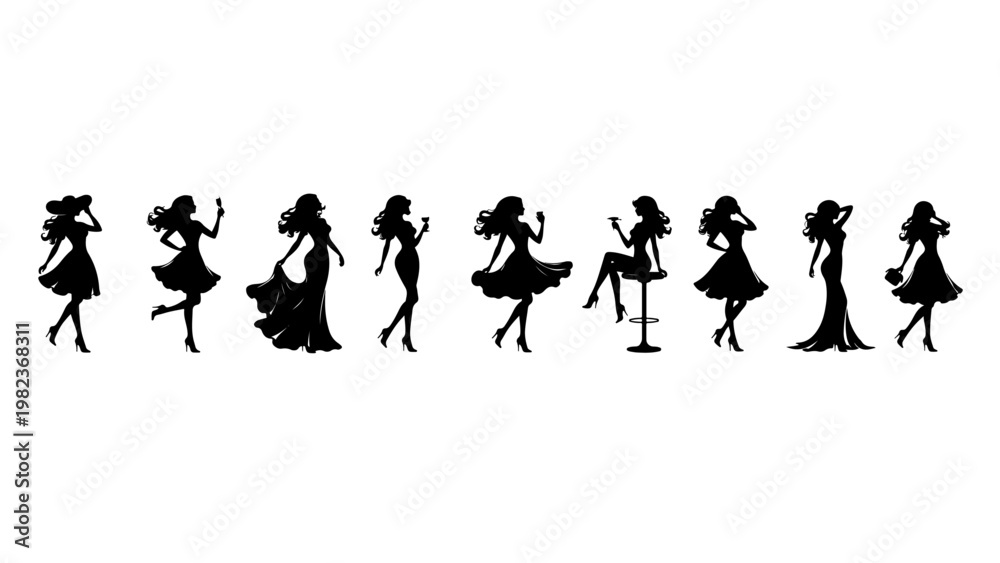 Obraz premium Dancing Girls Silhouette Set Fashion Pose Collection,PNG transparent background.