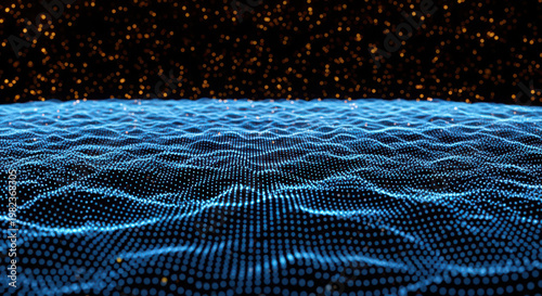 3d abstract blue particle landscape with glowing particles above.