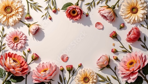 Vibrant Floral Arrangement of Pink and Orange Blooms Forming a Decorative Frame on a White Background