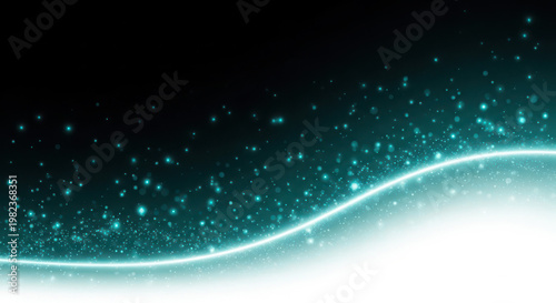 Turquoise wave of light and particles flowing on black background.