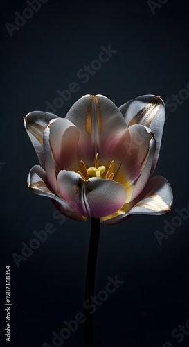A single, radiant tulip, its delicate petals softly lit against a dark background, evoking a sense of elegance and refined beauty. wall Art, poster, flower Print, floral Printable