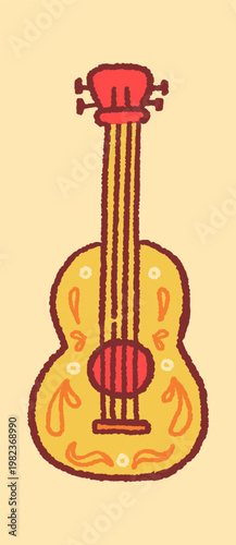 Guitar With Floral Ornament Folk Cartoon