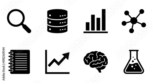 Data analytics icon set with 8 black vector symbols, business intelligence and research icons, science and technology database elements for web design