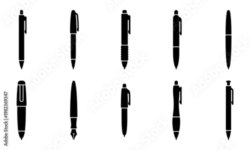 Minimalist pen icon set, 10 black ballpoint and fountain pen silhouettes, office stationery vector elements for business and education design