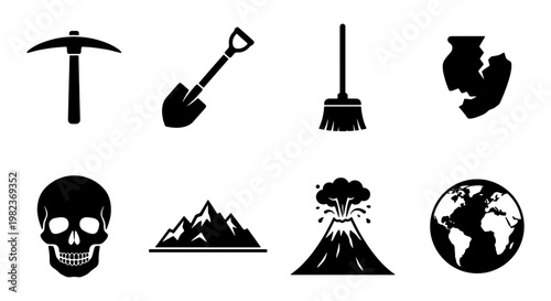 Archaeology and geology icon set, 8 black vector elements including pickaxe, shovel, and skull, earth science and excavation symbols for research