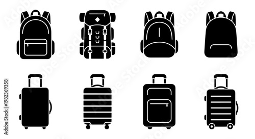 Black travel luggage and backpack icon set, 8 vector elements of suitcases and rucksacks, minimalist baggage silhouettes for tourism and vacation