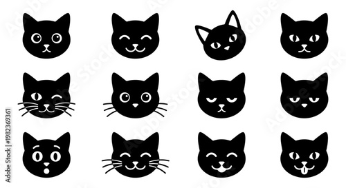 Black cat emoji icons set, 12 minimalist kitten face silhouettes with different expressions, cute feline head vector illustrations for web design