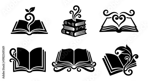 Vintage book icons set, black silhouette literary symbols with floral swirls and heart, 6 vector elements for library and education branding