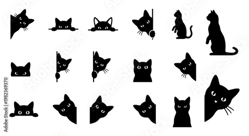 Black cat silhouette vector set, 18 peeking cat icons in minimalist style, curious kitten heads and feline shapes for web design and stickers