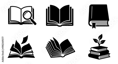 Minimalist book icon set, black and white education symbols, 6 vector elements for library and learning, academic research and literature icons