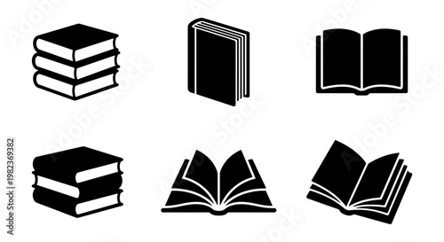 Minimalist book icon set with 6 black vector illustrations, open and closed books for education and library branding, academic reading symbols