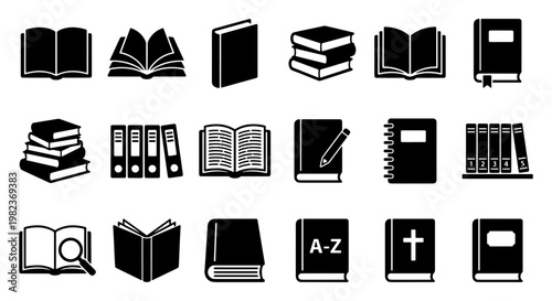 Black book icons set, 18 library and education vector symbols, minimalist literature and reading pictograms, academic study and publishing graphics
