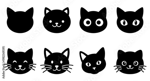 Black cat head icons set, minimalist feline face silhouettes, cute kitten emoji collection vector, flat animal character avatars for web design