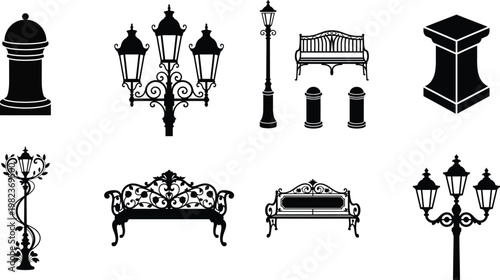 Black and white street furniture icons