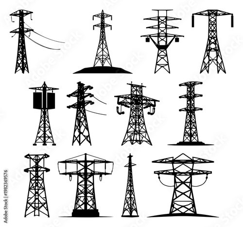 Smart energy grid tower set with solid black icon design featuring power, renewable, infrastructure with smart, batteries