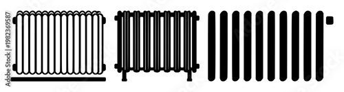 Radiator icon set with solid black silhouette on white background featuring heating, appliance, icon, thermostat with heat and energy