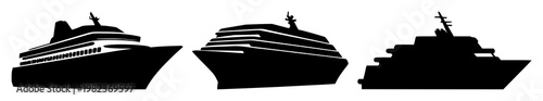 Cruise ship icons set with solid black silhouette against white background featuring cruise ship, nautical, sea with transport and travel