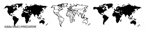 World map icon set with solid black silhouette on white background featuring world map, iconography, graphic design with minimalist and vector
