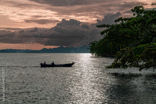 Silhouetted fishing boat in Raja Ampat 
